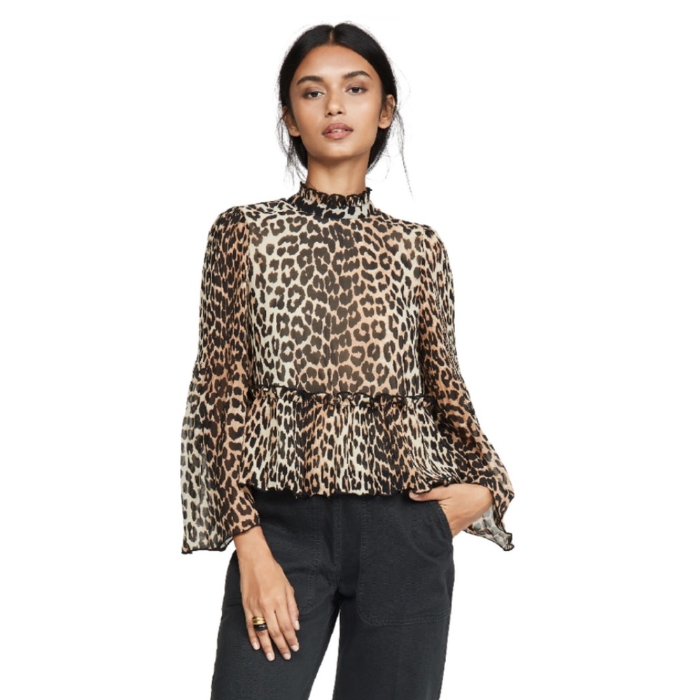 Ganni Pleated Leopard Georgette Top